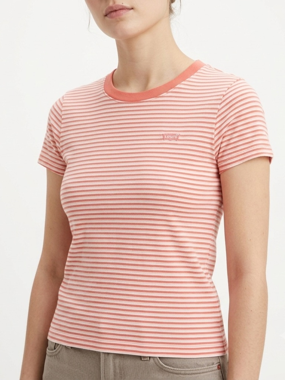 Levi’s Women's Small Striped Ringer T-Shirt Orange White Short Sleeve Logo